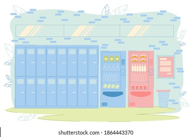 School Metal Lockers for Storage Things, Clothes, Accessories. Empty Hallway with Drinks and Foods Machine with Bake and Bottle. Schedule or Announcement Stand on Wall Background. Vector Illustration