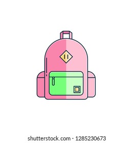 School modern backpack with big pocket and zipper flat line icon on isolated background. Pink knapsack in outline design. Back to school vector illustration.