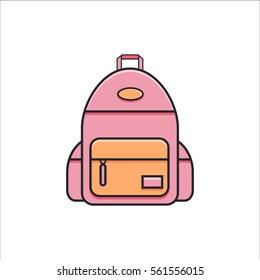 School modern backpack in trendy line flat style with zipper and pockets. Icon of woman knapsack on isolated white background. Back to school vector illustration. Cute pink schoolbag design element.