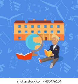 School modern building for pupils isolated on abstract background. Young boy sits in front of school and reads book. High secondary elementary level. Part of series of lifelong learning. Vector