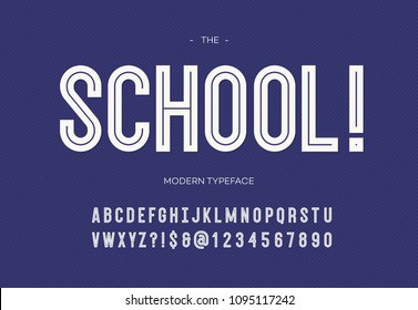 School modern font. Alphabet trendy typography bold style white color for party poster, printing on fabric, t shirt, promotion, decoration, stamp, label, special offer. Cool typeface. 10 eps