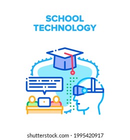 School Modern Technology Vector Icon Concept. Laptop And Vr Glasses For Pupils Remote Studying, Educational Technology For Learning Lesson. E-learning And Graduation Color Illustration