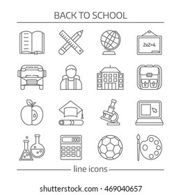 School monochrome linear icons set with building bus blackboard pupil laptop calculator backpack microscope isolated vector illustration