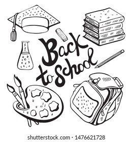 School monochrome set in vector. Black and white various school supplies-subjects for study, books, textbooks, pencil, eraser, briefcase. Vector isolated on white background. Lettering back to school.