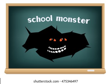 School monster in crack hole on blackboard isolated on white background