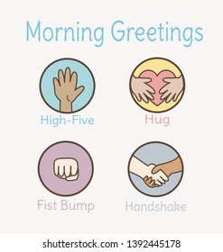 School morning greetings for teacher and students. High five, hug, fist bump and handshake vector.