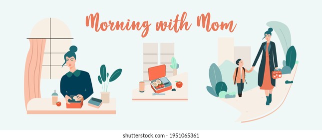 School morning routine. Mother prepares breakfast for her child. Mom and son walking through park to school. Lunch box at the table. Editable vector illustration