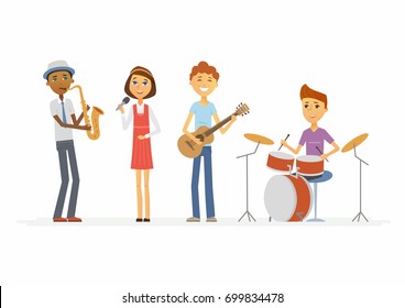 School music band - cartoon people characters isolated illustration. Smiling boys and girls playing guitar, saxophone and singing. Make a great presentation with these cute international children