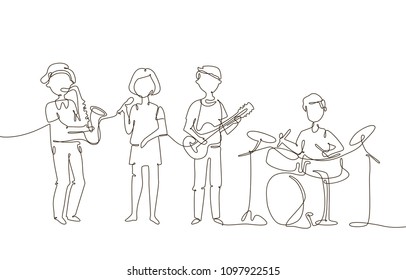 School music band - one line design style illustration on white background. A composition with cute characters, children playing musical instruments, drums, guitar, saxophone, singing