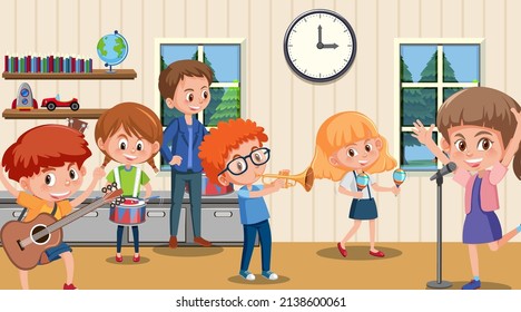 School Music Classroom With Student Kids Illustration