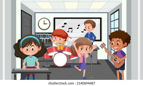 School Music Classroom With Student Kids Illustration