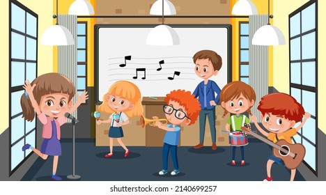 School Music Classroom With Student Kids Illustration