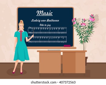School Music female teacher in audience classroom concept. Vector illustration.
