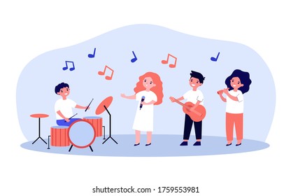 School musician band. Cute children with musical instruments playing and singer playing at party or festival. Vector illustration for talent show, kids orchestra, teenagers, concert concept