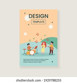 School musician band. Cute children with musical instruments playing and singer playing at party or festival. Vector illustration for talent show, kids orchestra, teenagers, concert concept