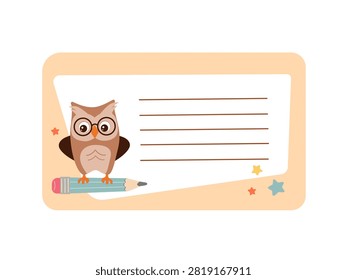 School name label sticker template for notebooks. Cute wise owl character in glasses sitting on a pencil with blank lines for text. Kids vector illustration with copy space.
