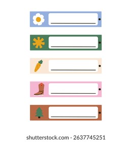 School name tag childish sticker set. Cute kid frame notebook name tag collection. Vector hand drawn illustration
