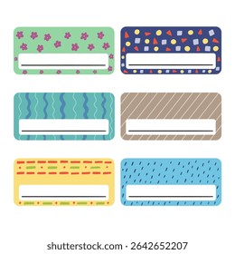 School name tag colorful sticker. Cute notebook frame label card. Vector hand drawn illustration