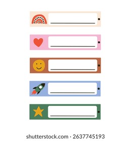 School name tag funny sticker set. Cute kid frame notebook name tag collection. Vector hand drawn illustration