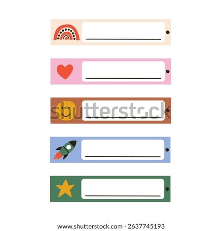 School name tag funny sticker set. Cute kid frame notebook name tag collection. Vector hand drawn illustration