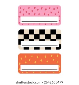 School name tag sticker collection. Cute notebook frame label card. Vector hand drawn illustration