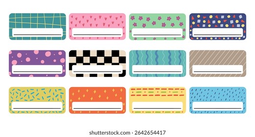 School name tag sticker. Cute notebook frame label card. Vector hand drawn illustration