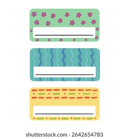 School name tag sticker design. Cute notebook frame label card. Vector hand drawn illustration