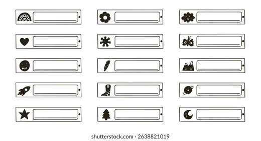 School name tag sticker doodle set. Cute kid frame notebook name tag outline collection. Vector hand drawn illustration