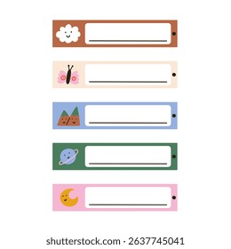 School name tag sticker label set. Cute kid frame notebook name tag collection. Vector hand drawn illustration