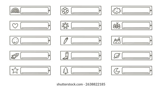 School name tag sticker outline set. Cute kid frame notebook name tag doodle collection. Vector hand drawn illustration