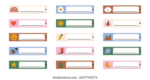 School name tag sticker set. Cute kid frame notebook name tag collection. Vector hand drawn illustration