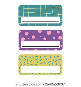 School name tag sticker set. Cute notebook frame label card. Vector hand drawn illustration