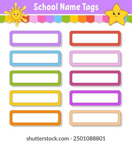 School name tags. Bright stickers. Rectangular label. Vector illustration.
