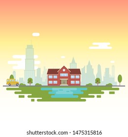 School near the lake, against the backdrop of the city. Vector Illustration