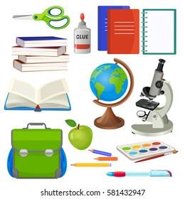 School necessary thing for studying vector collection on white. Green backpack, pile of closed books and one open, blue and red copybooks, world globe, grey microscope and other office supplies