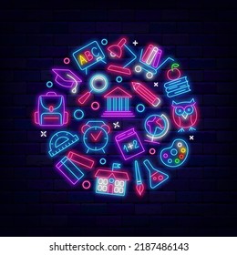 School neon circle layout. Glowing template with icons. Stationery, books and academy. September activity. Education concept for students promotion. Glowing advertising on brick wall. Vector stock ill