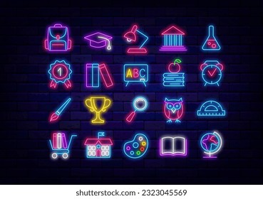 School neon icons collection. Office store signs set. Back to school. Backpack, book and paints. Medal, alarm clock and globe. Education emblem. Glowing advertising on brick wall. Vector illustration