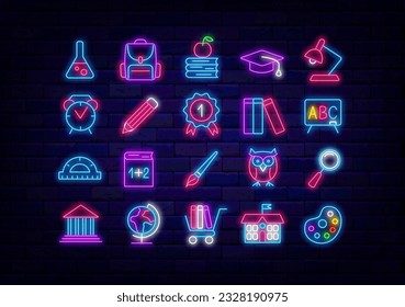 School neon icons collection. Stationery shop signs set. Back to school design. Backpack, owl and globe. Lamp, alarm clock and paints. Education emblem. Glowing advertising. Vector illustration