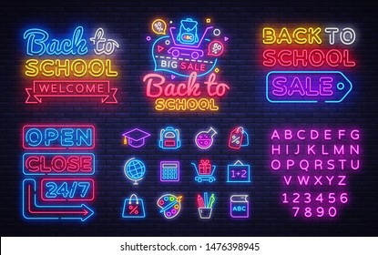 School neon icons set. Back to School Sale neon signs design template. Open Close Bright sign boards, light banner, Isolated icon. Vector Illustration