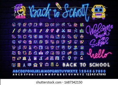 School neon icons set. Back to School Sale neon signs design template. Open Close Bright sign boards, light banner, Isolated icon. Vector Illustration