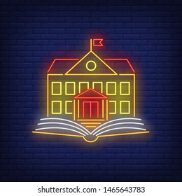 School neon sign. Building with flag on top and open book. Back to school concept. Vector illustration in neon style, glowing element for topics like education, knowledge, university