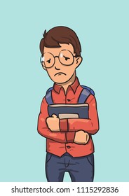 School nerd character in glasses holding books. Colored flat vector illustration. Isolated on blue background.