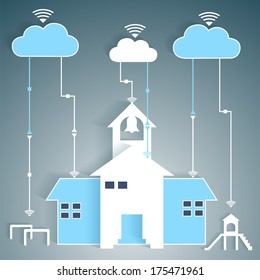 School Network Cloud Computing Remote distance learning or work from home during coronavirus quarantine Paper Cutout - Covid19 Wifi Internet Connectivity concept, EPS10 Grouped and Layered