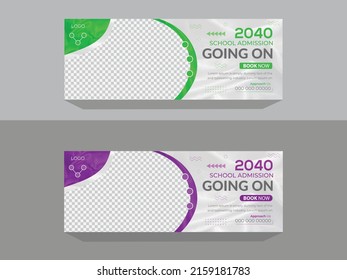 School New admission modern creative social media cover vector template or abstract colorful back to school web banner design. Editable advertising layout.