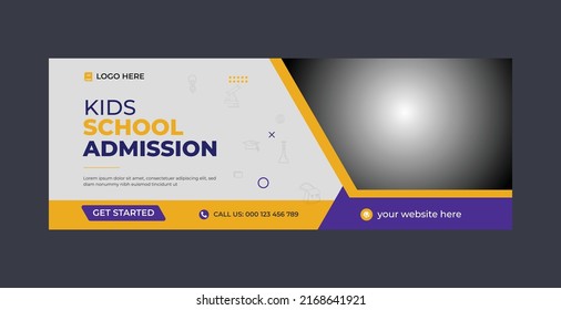School New admission modern creative social media cover vector template or abstract colorful back to school web banner design. Editable advertising layout