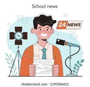 School news. Student presenting news at school. Drama class sudent speaking on camera, reporting news. Flat vector illustration