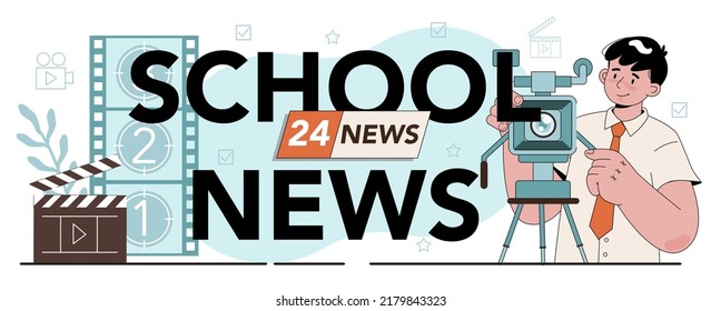 Encabezado tipográfico de noticias escolares. Estudiante presentando noticias en la escuela. Estudiante de teatro hablando en cámara, informando noticias. Ilustración vectorial plana