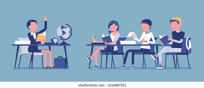 School normal behaviour. Satisfactory, proper and polite conduct in classroom during lesson, students with discipline organized activity. Vector illustration with faceless characters