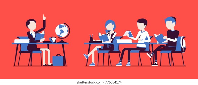 School normal behaviour. Satisfactory, proper and polite conduct in classroom during lesson, students with discipline organized activity. Vector illustration with faceless characters