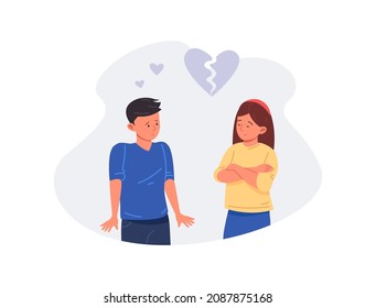 School not mutual love. Girl and boy with broken heart, vector isolated on white background